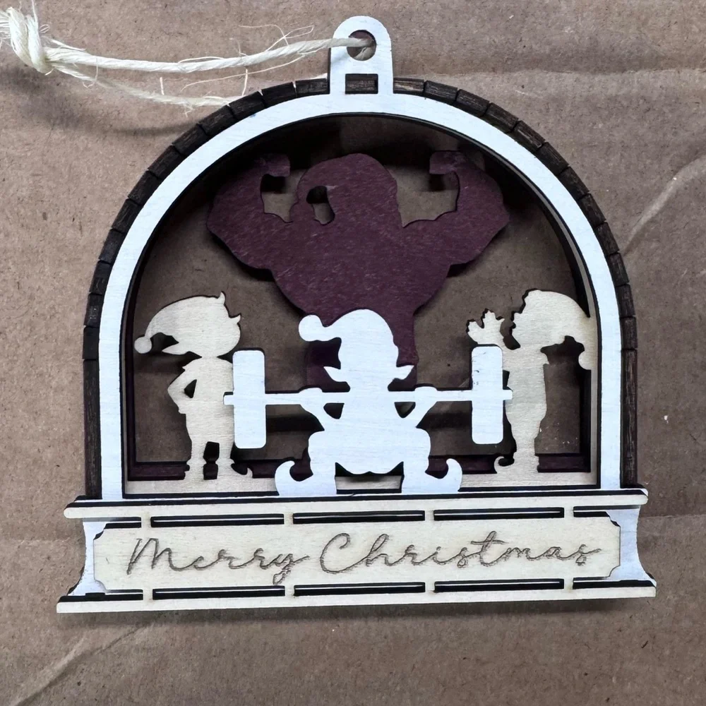 3/$20 Wooden Ornament – Santa Weightlifting with Elves – Gym / Fitness Theme